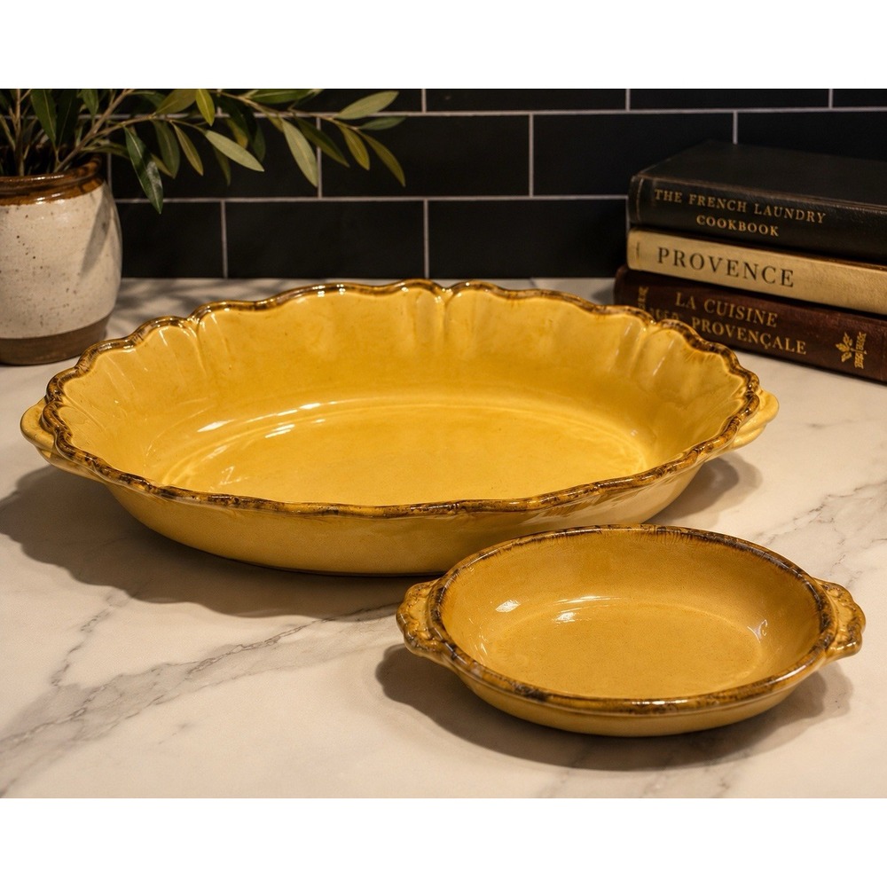 Coquelicot Provence France Yellow Pottery Oval Baking Dishes Set